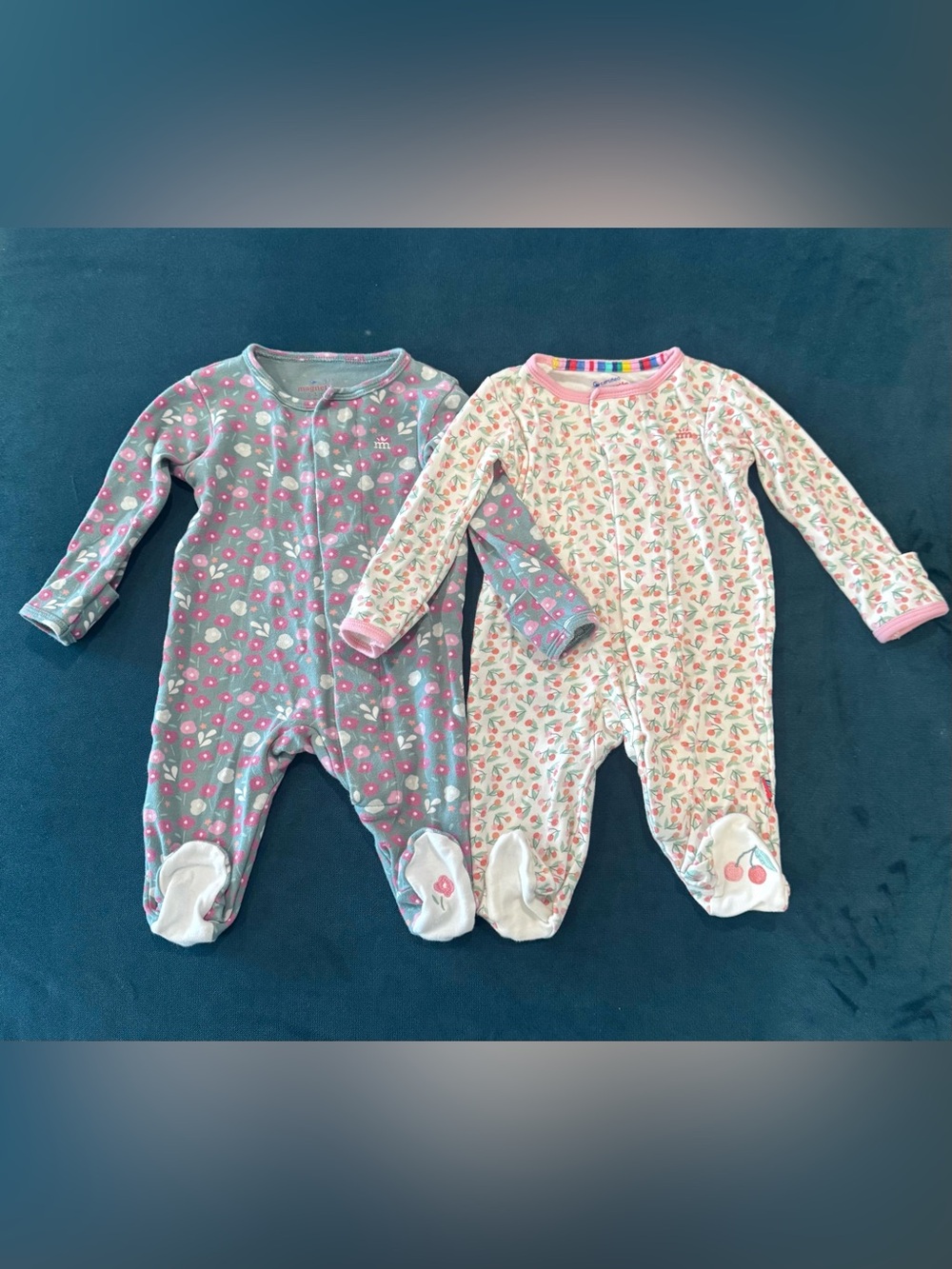 Magnetic Me Gray Floral and Pink Cherry-Print Magnetic Footies - Set of 2